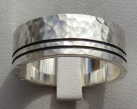 Etched Hammered Silver Wedding Ring
