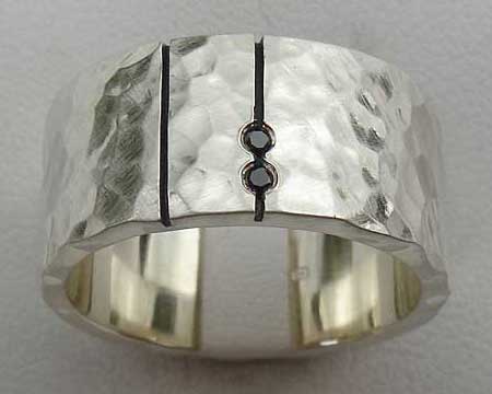 Hammered Black Diamond Mens Wedding Ring